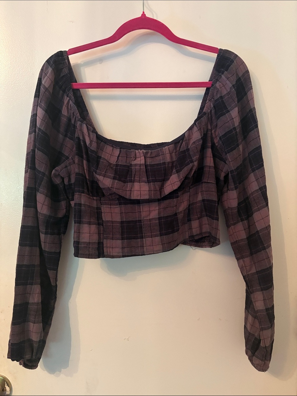 wild fable Purple Plaid Off-Shoulder Long Sleeve Crop Top